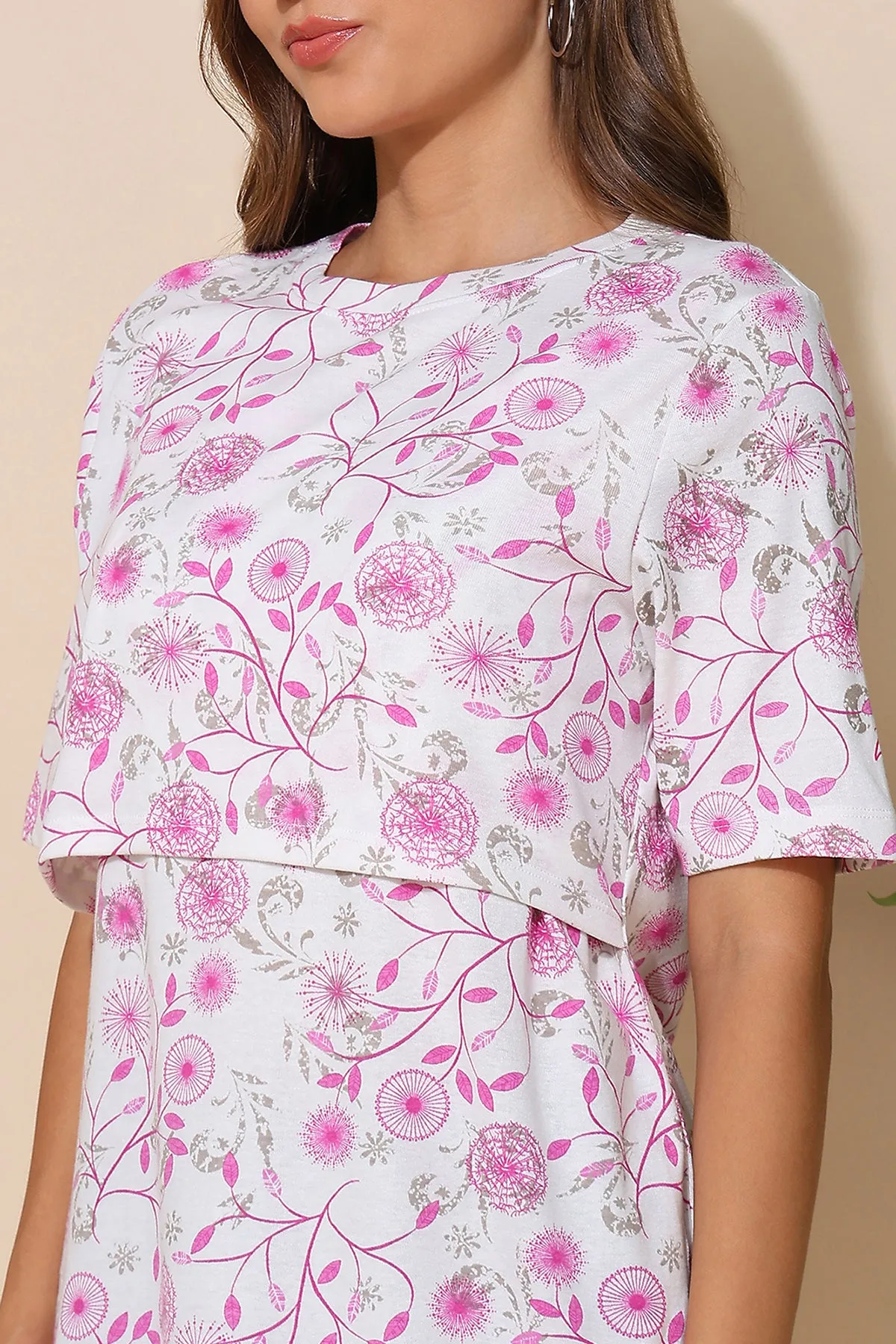 Baby Pink All Over Printed 100% Soft Cotton Zipless Maternity Feeding Top