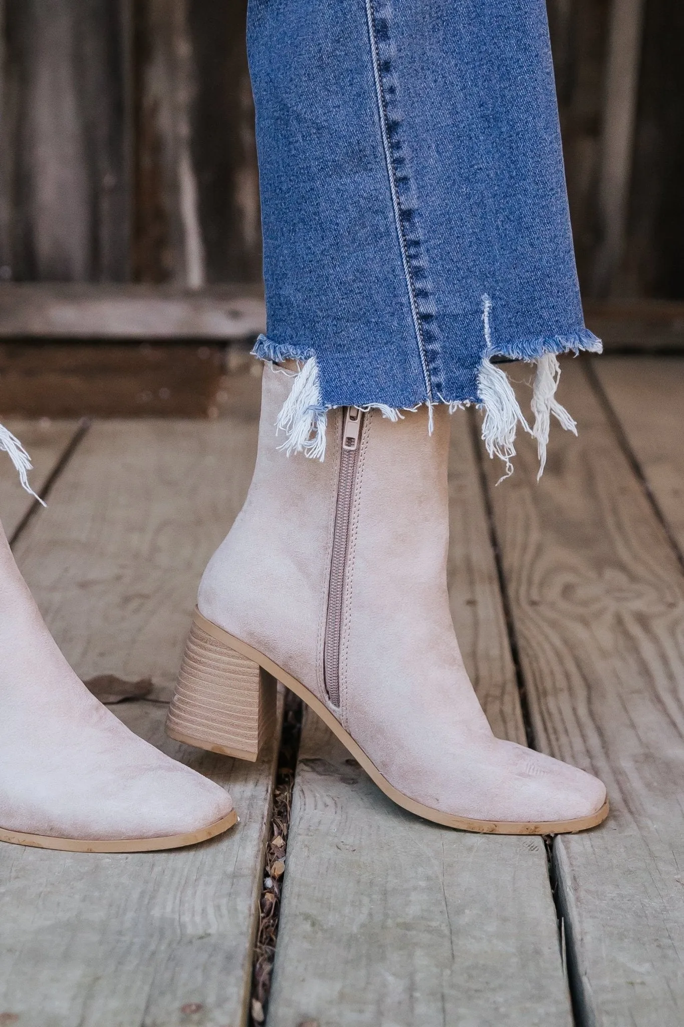 Beige Faux Suede Heeled Ankle Booties