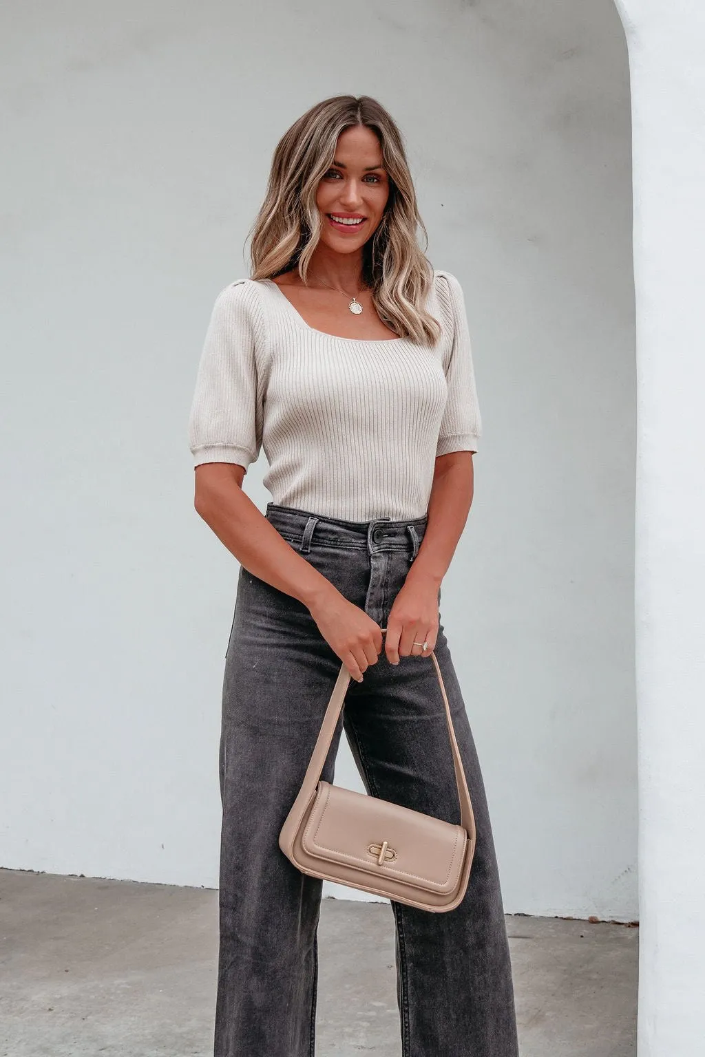 Beige Puff Sleeve Ribbed Sweater Top