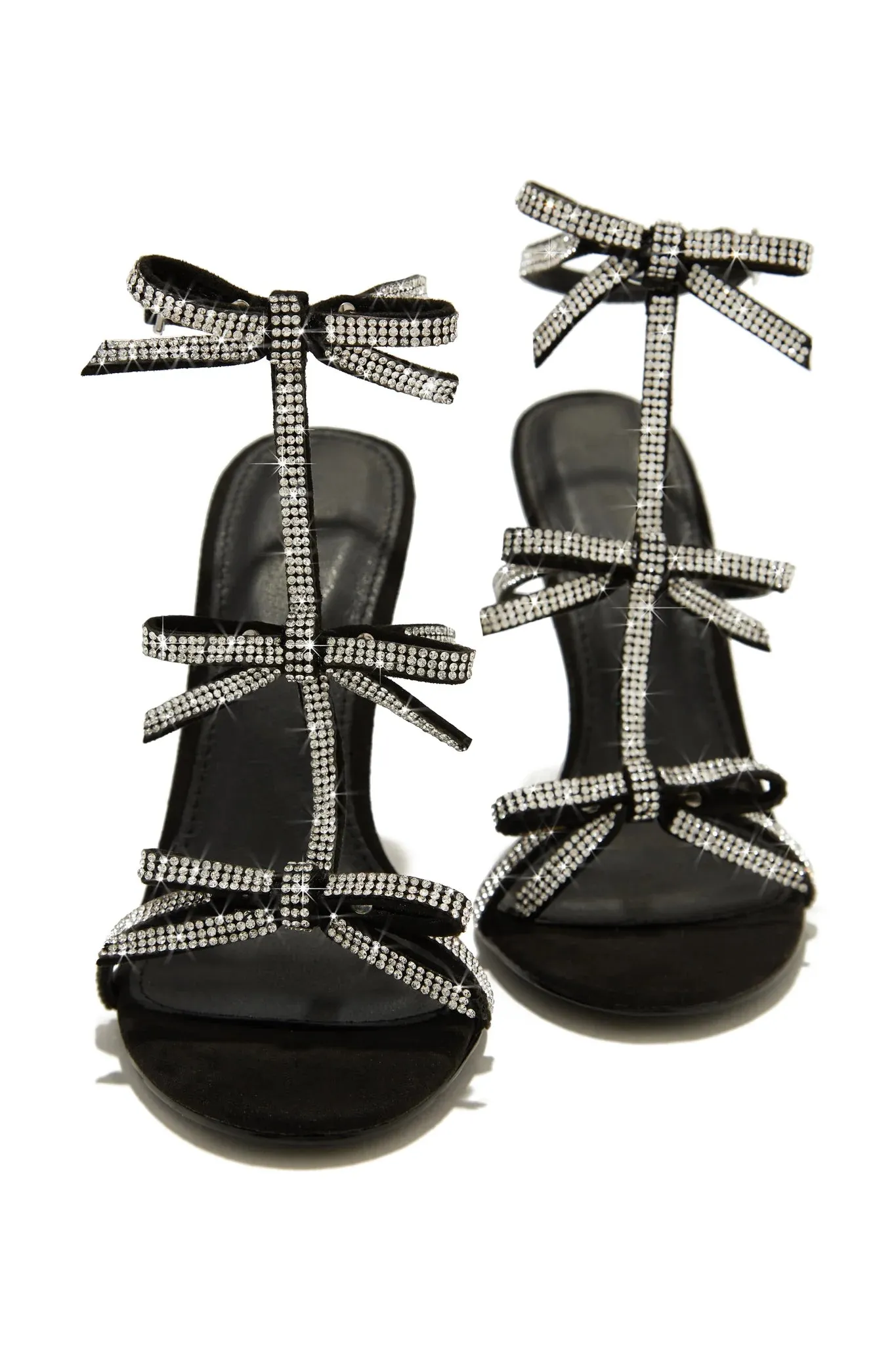 Black Womens Rhinestone Bow Strappy Heeled Sandals