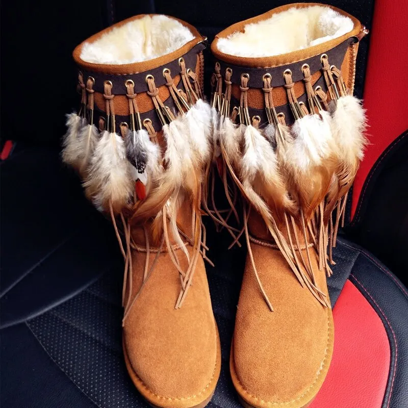 Boho Snow Boots Camel Brown Fleece Lined Vegan Suede Pull On Mid Calf Tribal Feather And Leather Fringe Winter Boots