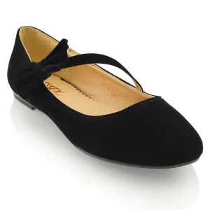 COLETTE FLAT LOW HEEL STRAPPY WITH BOW DETAILING BALLERINA PUMP SHOES IN BLACK FAUX SUEDE