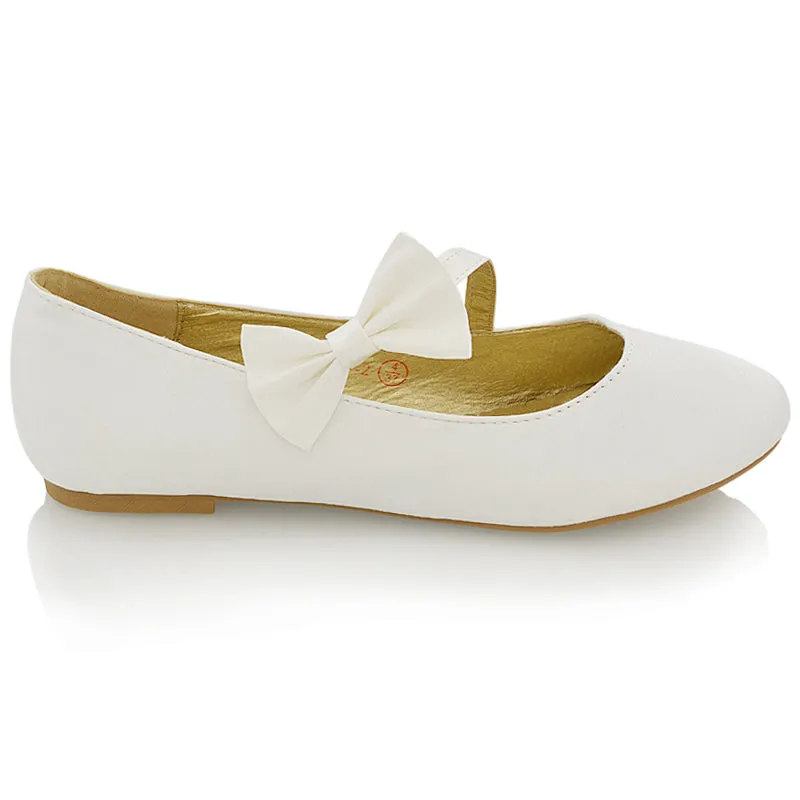 COLETTE FLAT LOW HEEL STRAPPY WITH BOW DETAILING BALLERINA PUMP SHOES IN IVORY SATIN