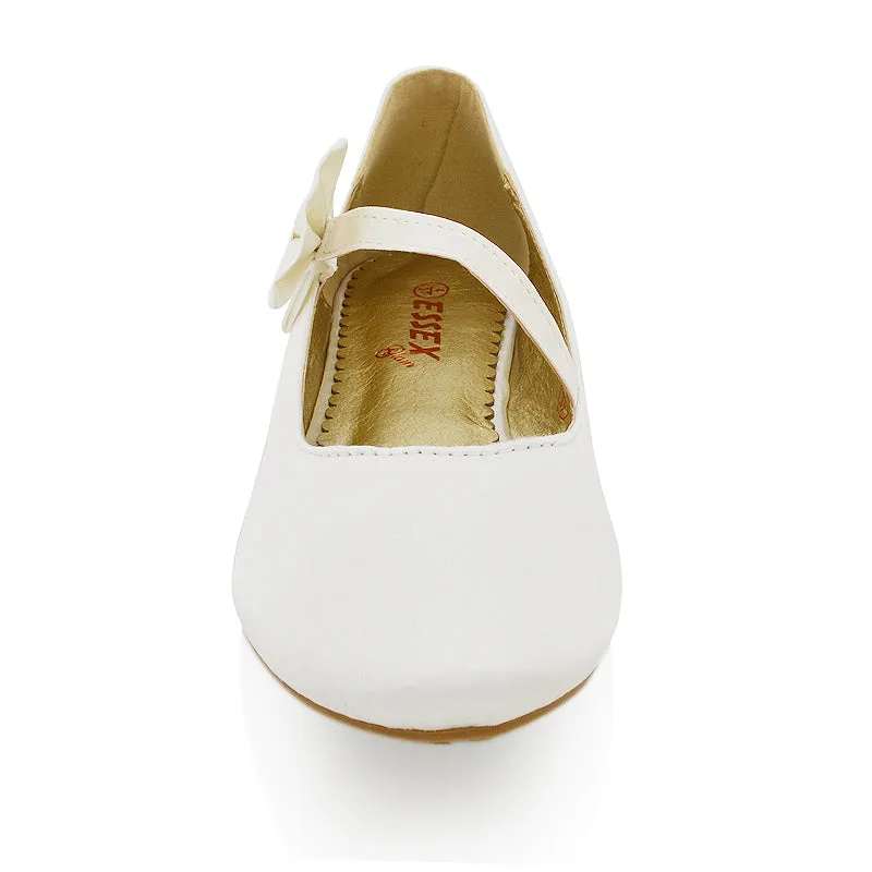 COLETTE FLAT LOW HEEL STRAPPY WITH BOW DETAILING BALLERINA PUMP SHOES IN IVORY SATIN