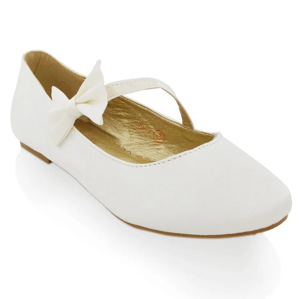 COLETTE FLAT LOW HEEL STRAPPY WITH BOW DETAILING BALLERINA PUMP SHOES IN IVORY SATIN