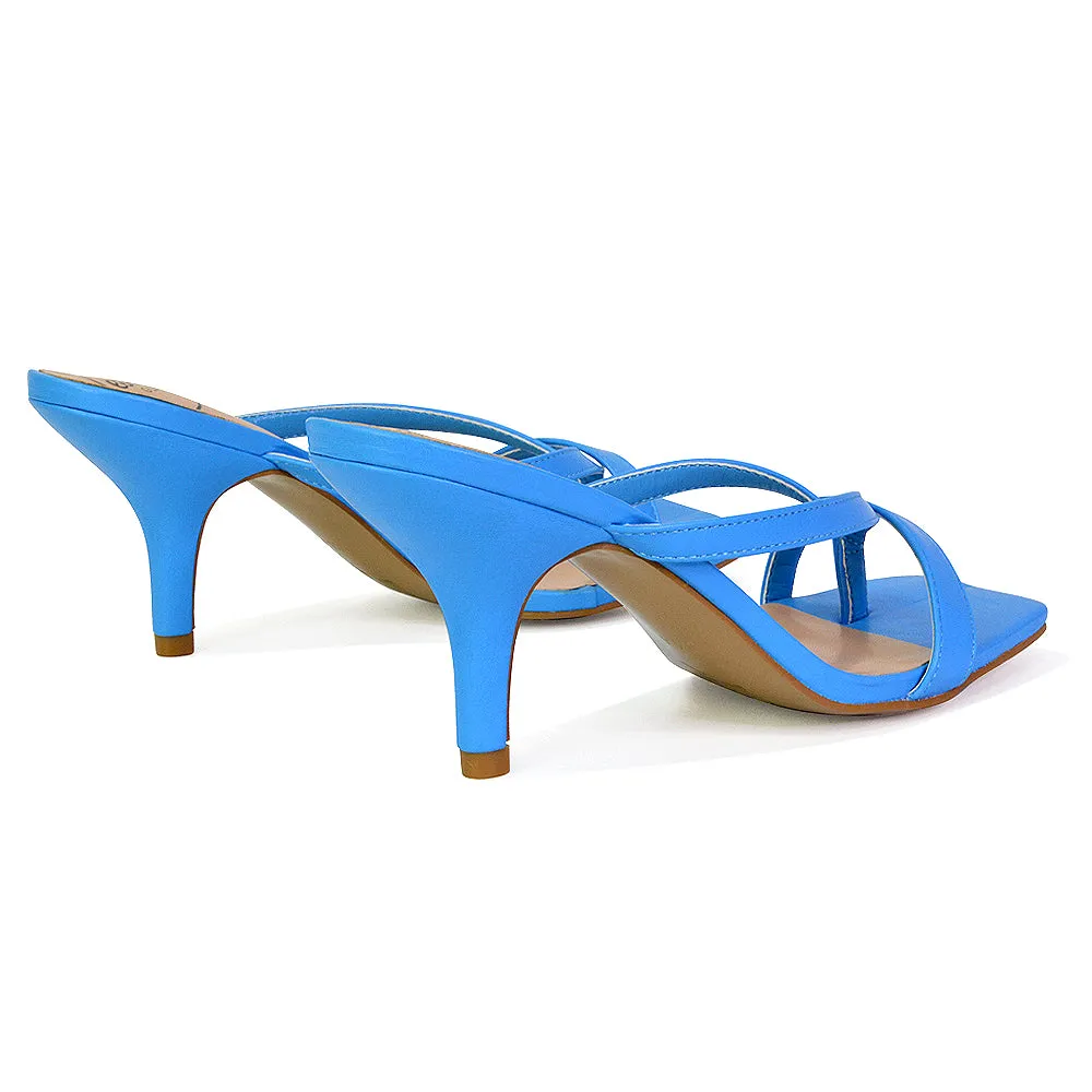 Daria Square Toe Post Strappy Slip on Low Mule Heel Sandals in Blue