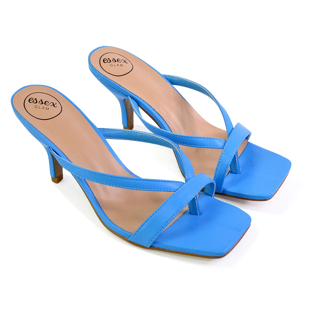 Daria Square Toe Post Strappy Slip on Low Mule Heel Sandals in Blue