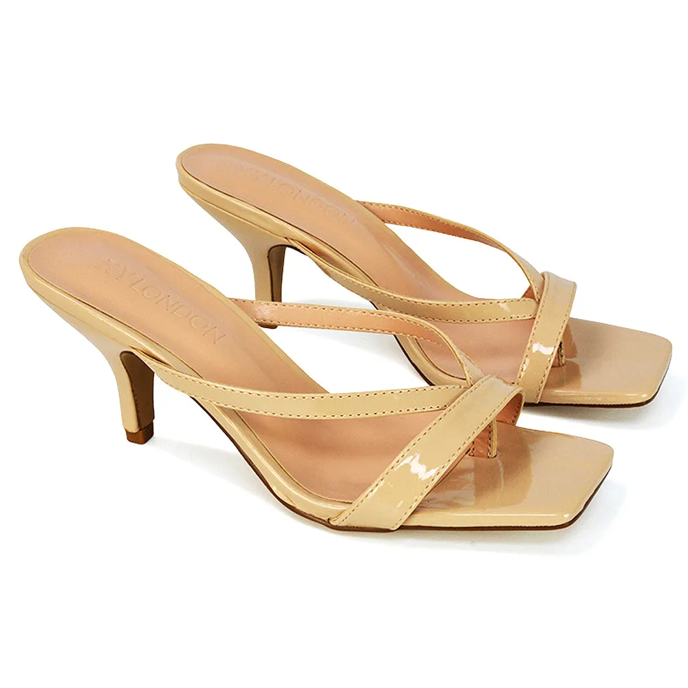 Daria Square Toe Post Strappy Slip on Low Mule Heel Sandals in Nude Patent