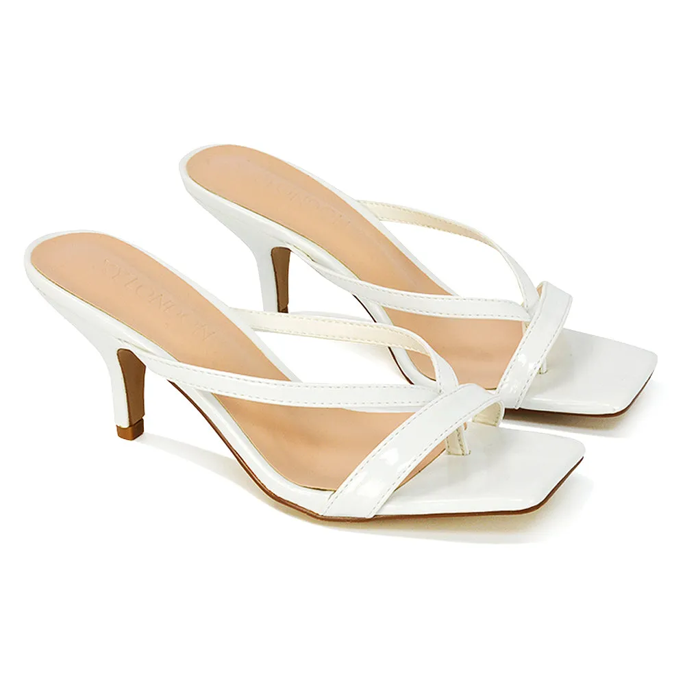 Daria Square Toe Post Strappy Slip on Low Mule Heel Sandals in Nude Patent