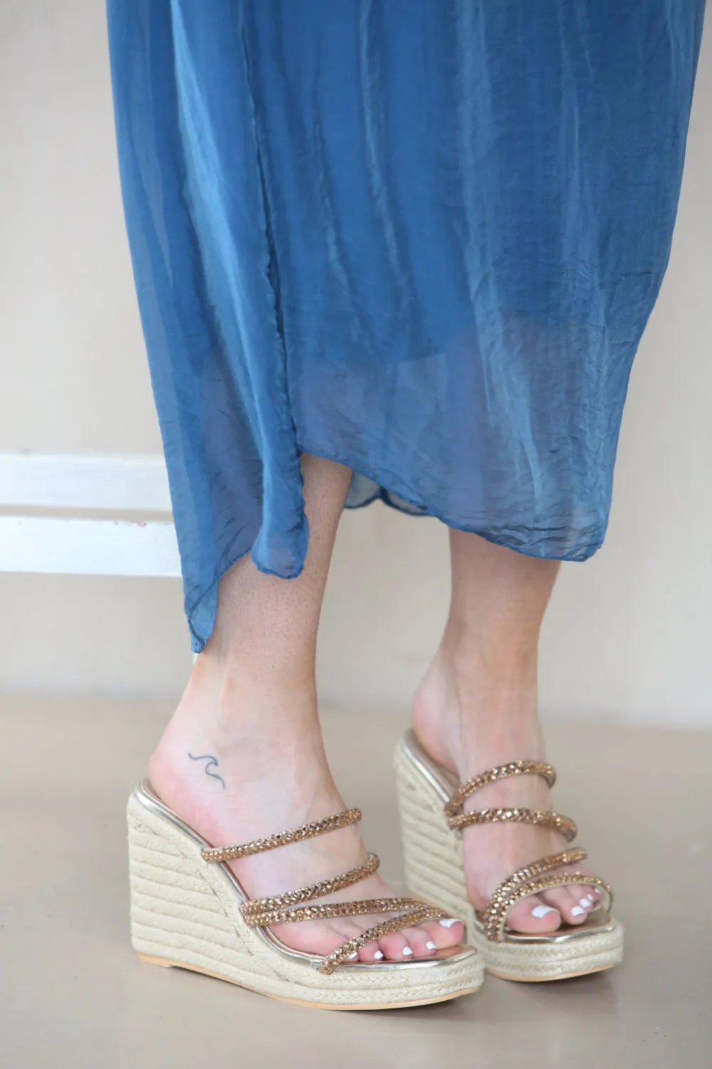 Embellished Strap Espadrille Mules Gold