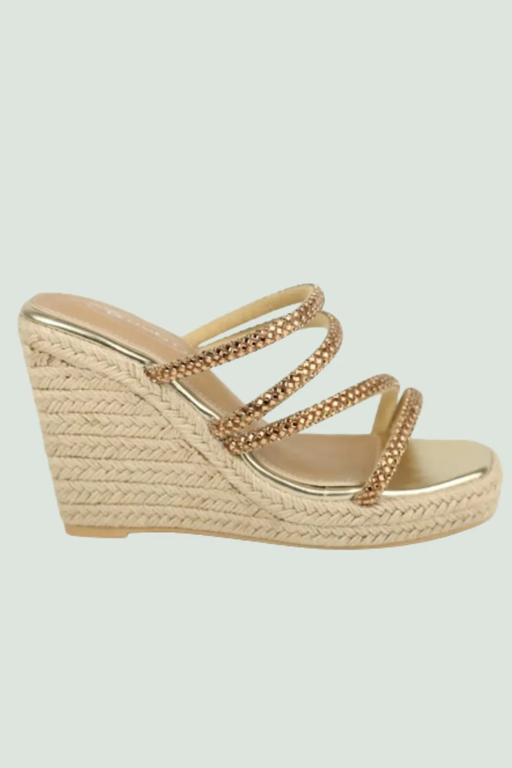 Embellished Strap Espadrille Mules Gold