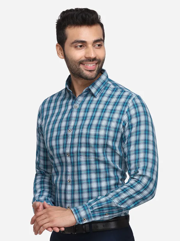 Green & White Checked Slim Fit Casual Shirt | JadeBlue