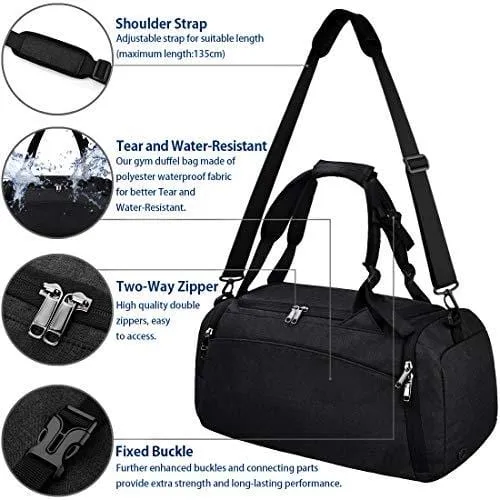 Gym Duffle Bag Waterproof Travel Weekender Bag for Men Women Duffel Bag Backpack with Shoes Compartment Overnight Bag 40L Black