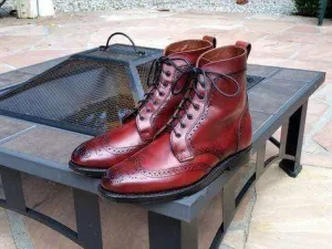 Handmade Burgundy Wing Tip Brogue Leather Boot