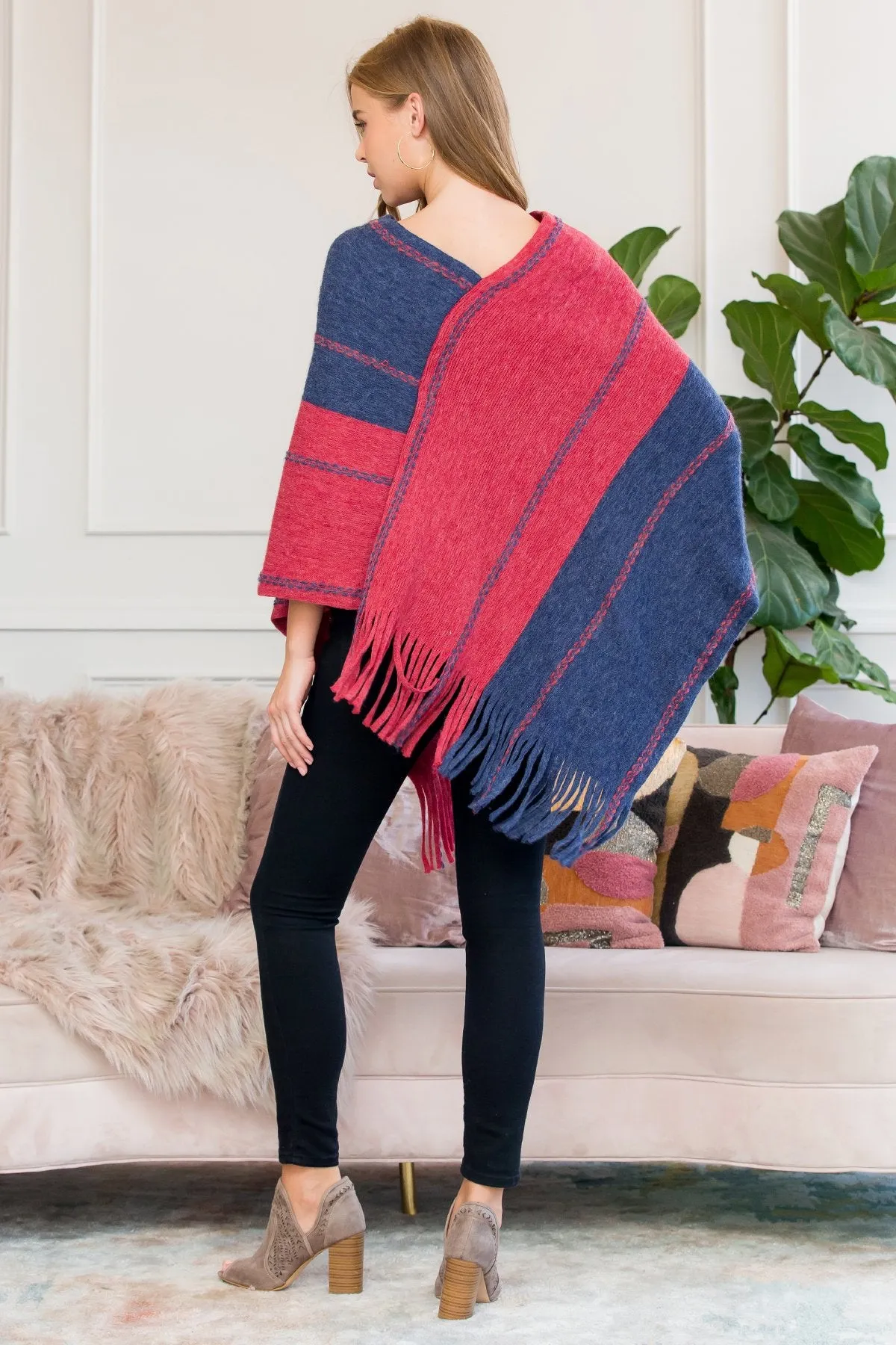 Hdf3007rdbl - Red Blue Two Tone Chain Print Fringe Poncho