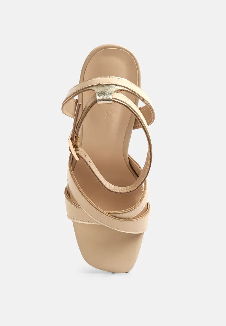 Heeri Beige Metallic Lined Slim Block Heel Sandals