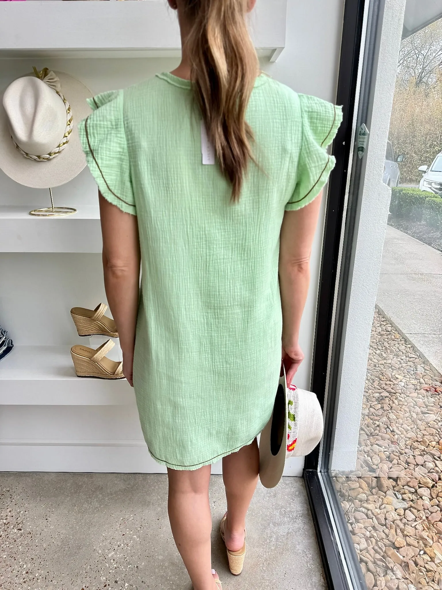 Honeydew Flutter Sleeve Gauze Dress