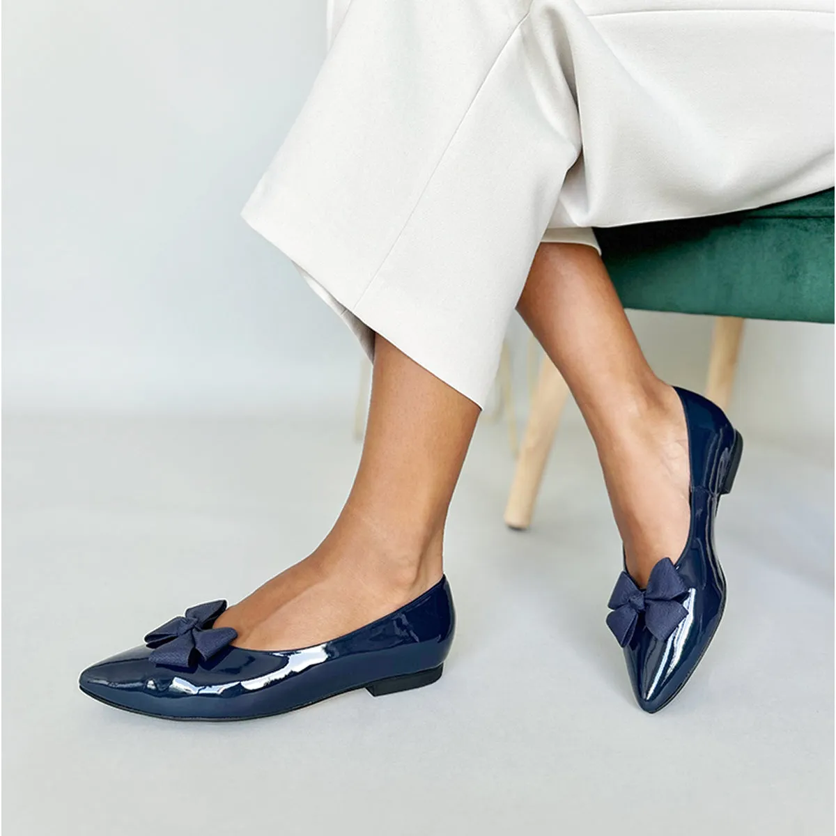 Laura Extra-Wide Fit Ballet Flats With Bow - Navy Patent