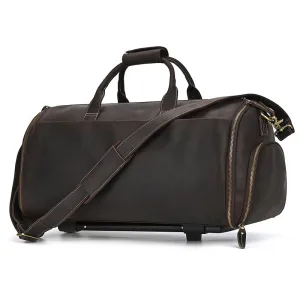 Leather Rolling Garment Bag, Garment Duffle Bag with Wheels for Travel,Convertible Garment Bag with Shoe Compartment