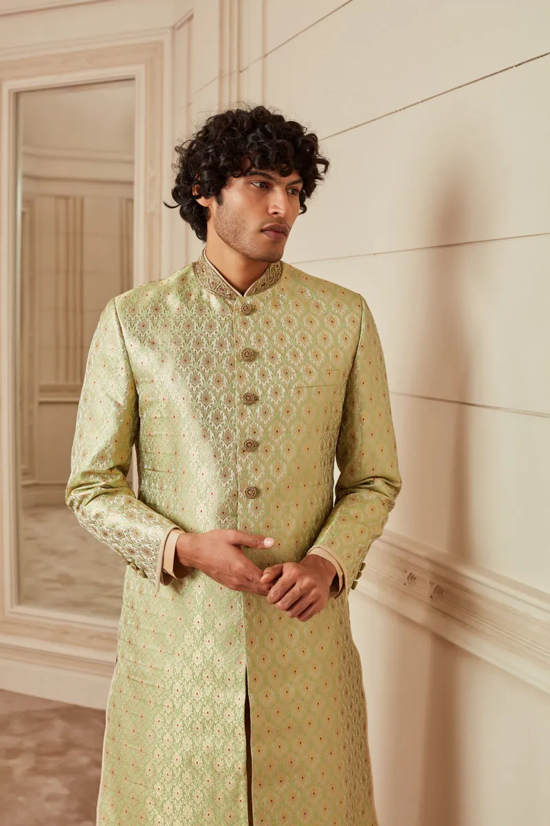 Light Green All Over Embroidered Sherwani With Zardozi Collar & Buttons