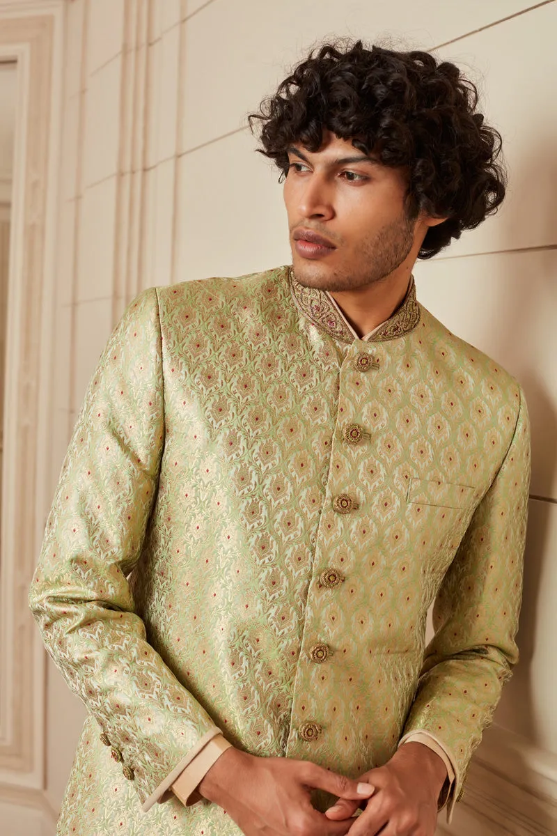 Light Green All Over Embroidered Sherwani With Zardozi Collar & Buttons