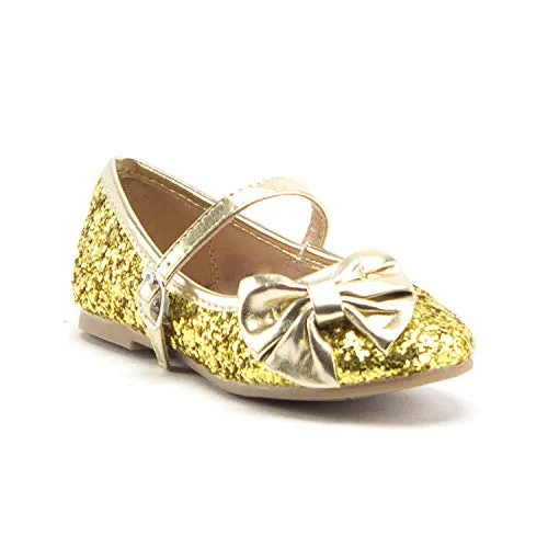 Little Toddler Girls' Glitter & Bow Round Toe Shimmer Mary Jane Dress Flats Party Shoes