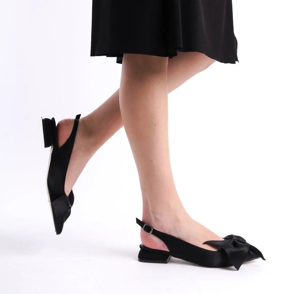 Lola Bow Vegan Flats | Black Satin