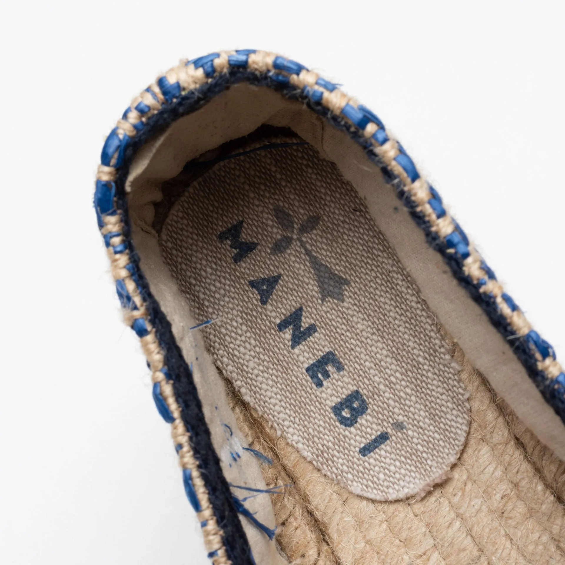 MANEBI "Hamptons" Espadrilles Beige-Blue Canvas Women's Loafer Shoes 37 NEW US 7