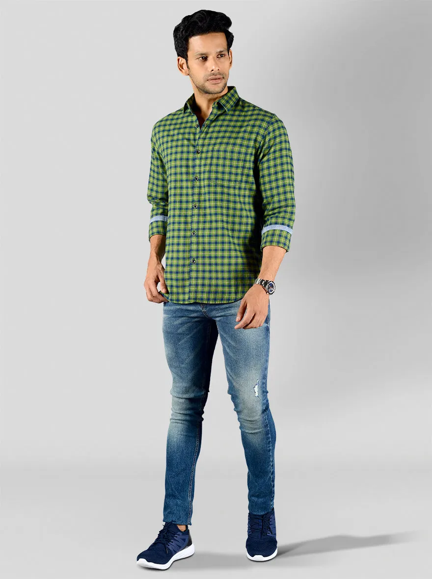 Meadow Green & Blue Checked Slim Fit Casual Shirt | Greenfibre