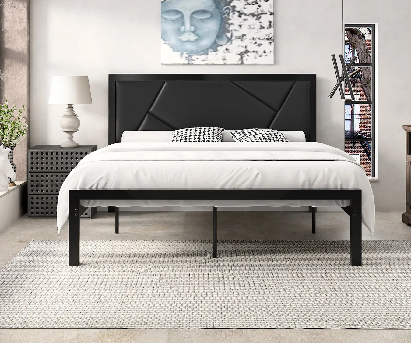 Metal Bed Frame with Geometric Litchi Grain Leather Headboard