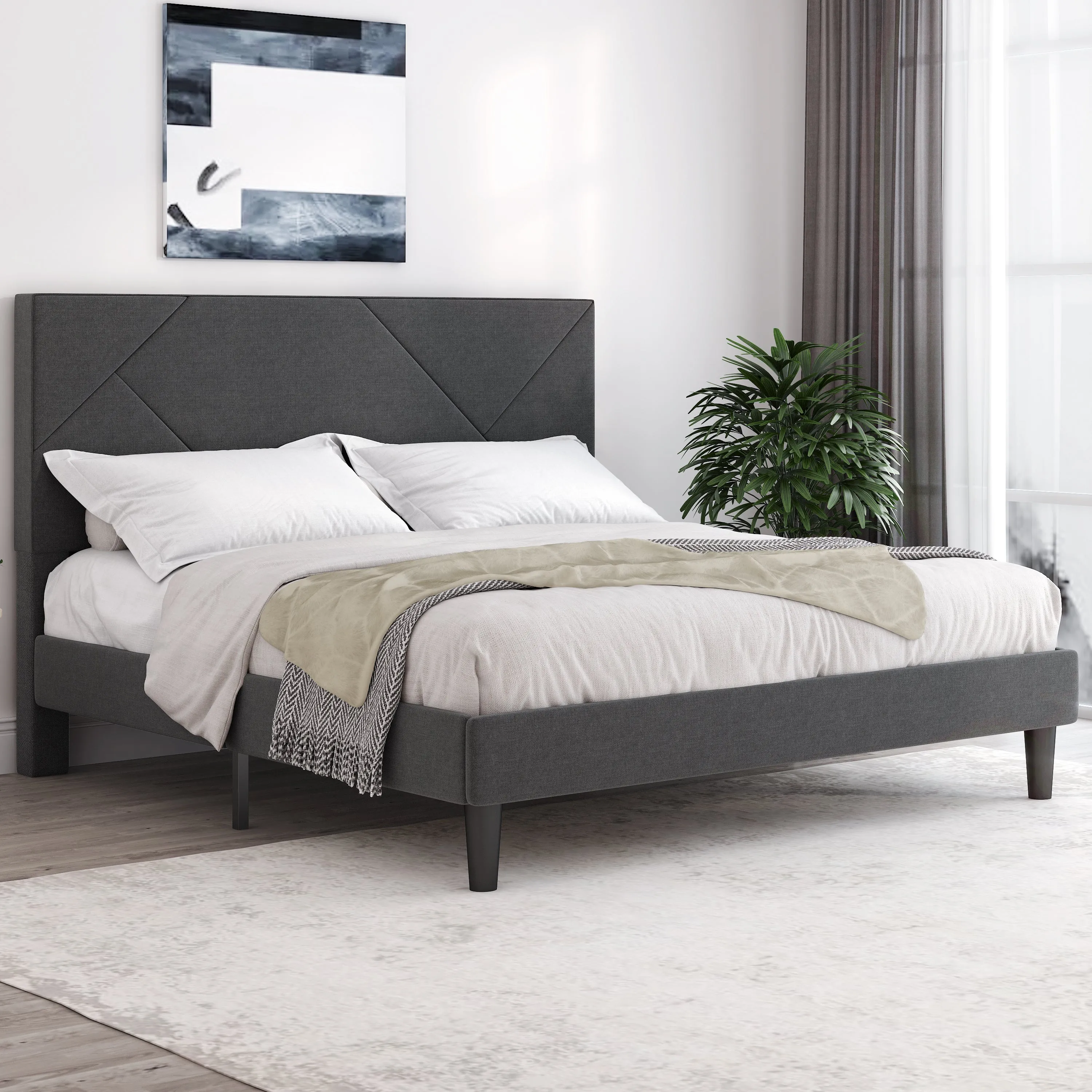 Metal Bed Frame with Geometric Litchi Grain Leather Headboard