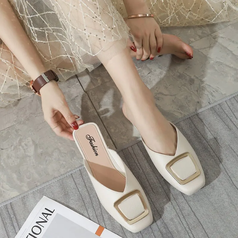 Modern Mule Style Low Square Heel Large Buckle Shoes