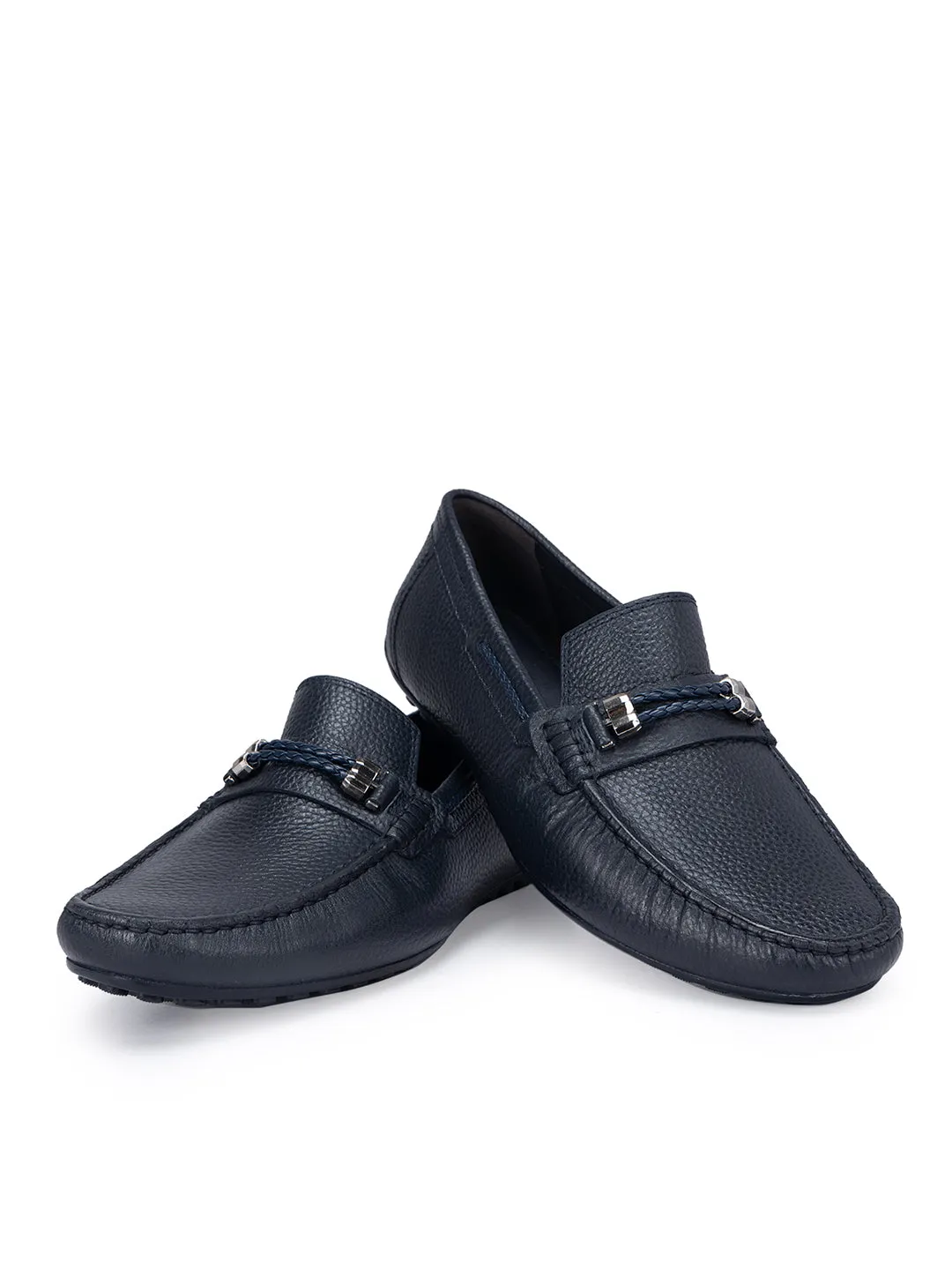 Navy Braided Leather Moccasins