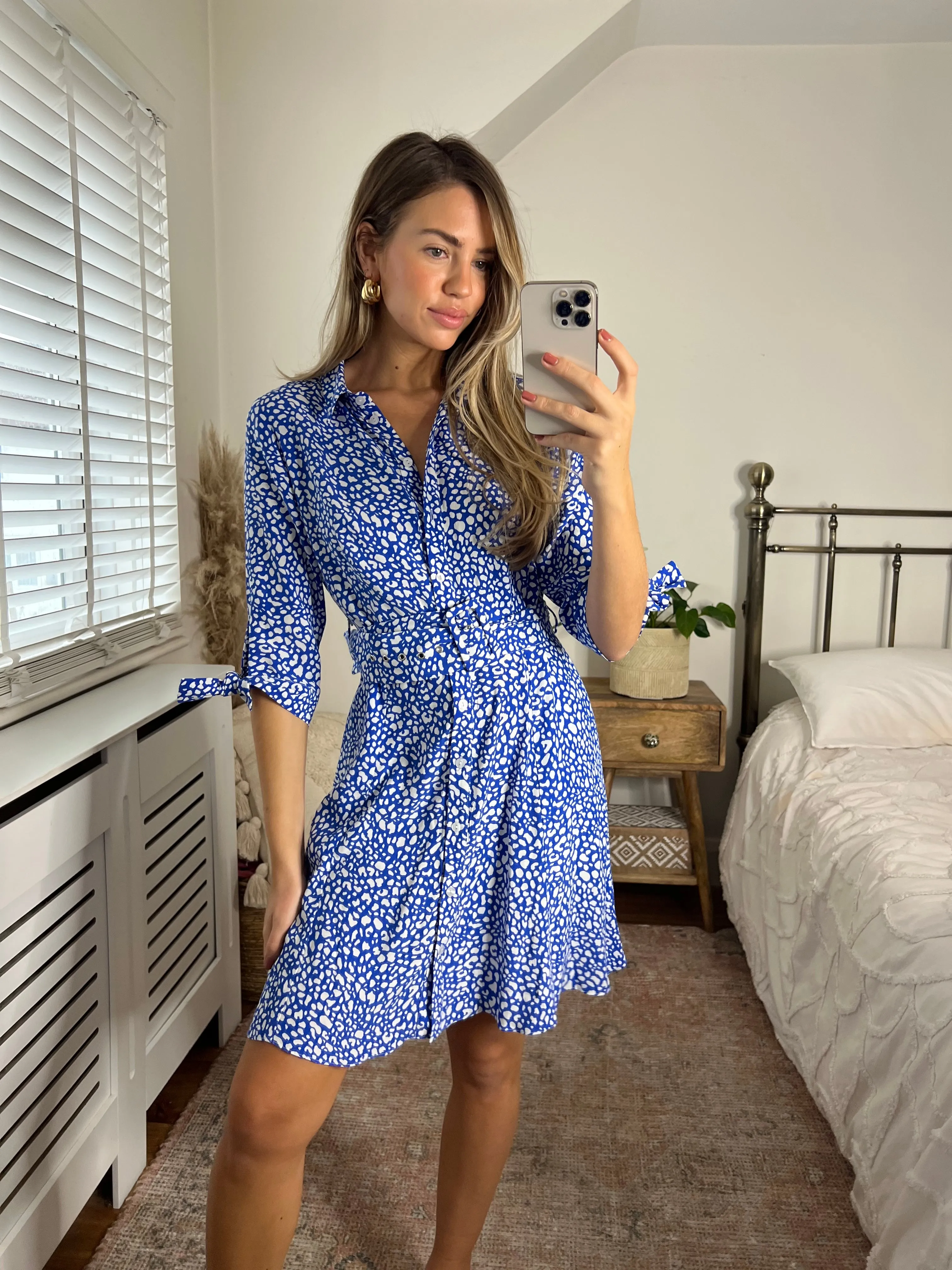 Olivia Mini Belted Shirt Dress / Blue Spot