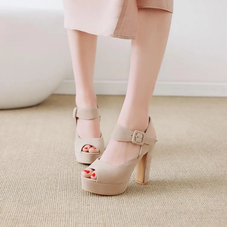 Purpdrank - Large Size Beige Heeled Sandals All-Match 2023 Women's Open Toe Female Shoe Big Black Block New Peep High Fashion Girls Comfort