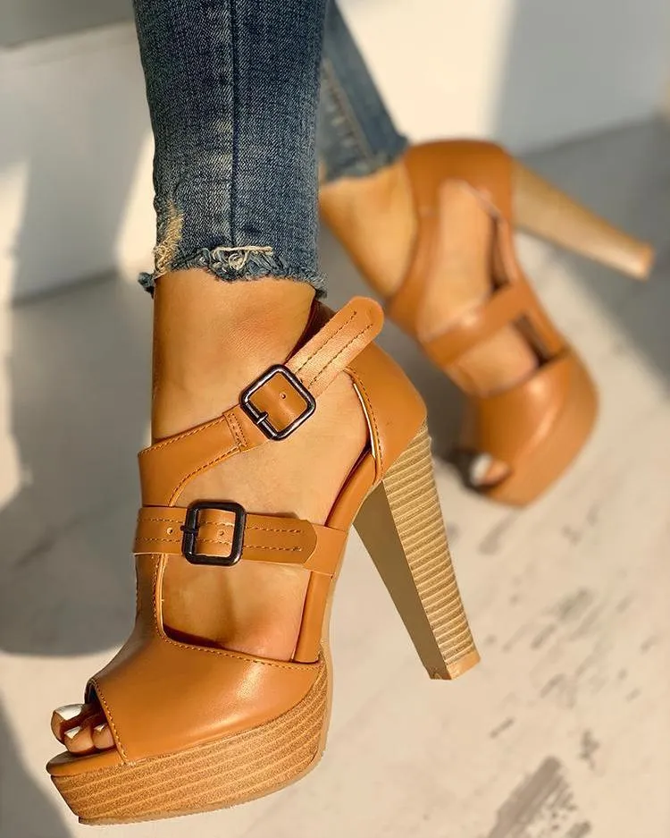 Purpdrank - Large Size Beige Heeled Sandals All-Match 2023 Women's Open Toe Female Shoe Big Black Block New Peep High Fashion Girls Comfort