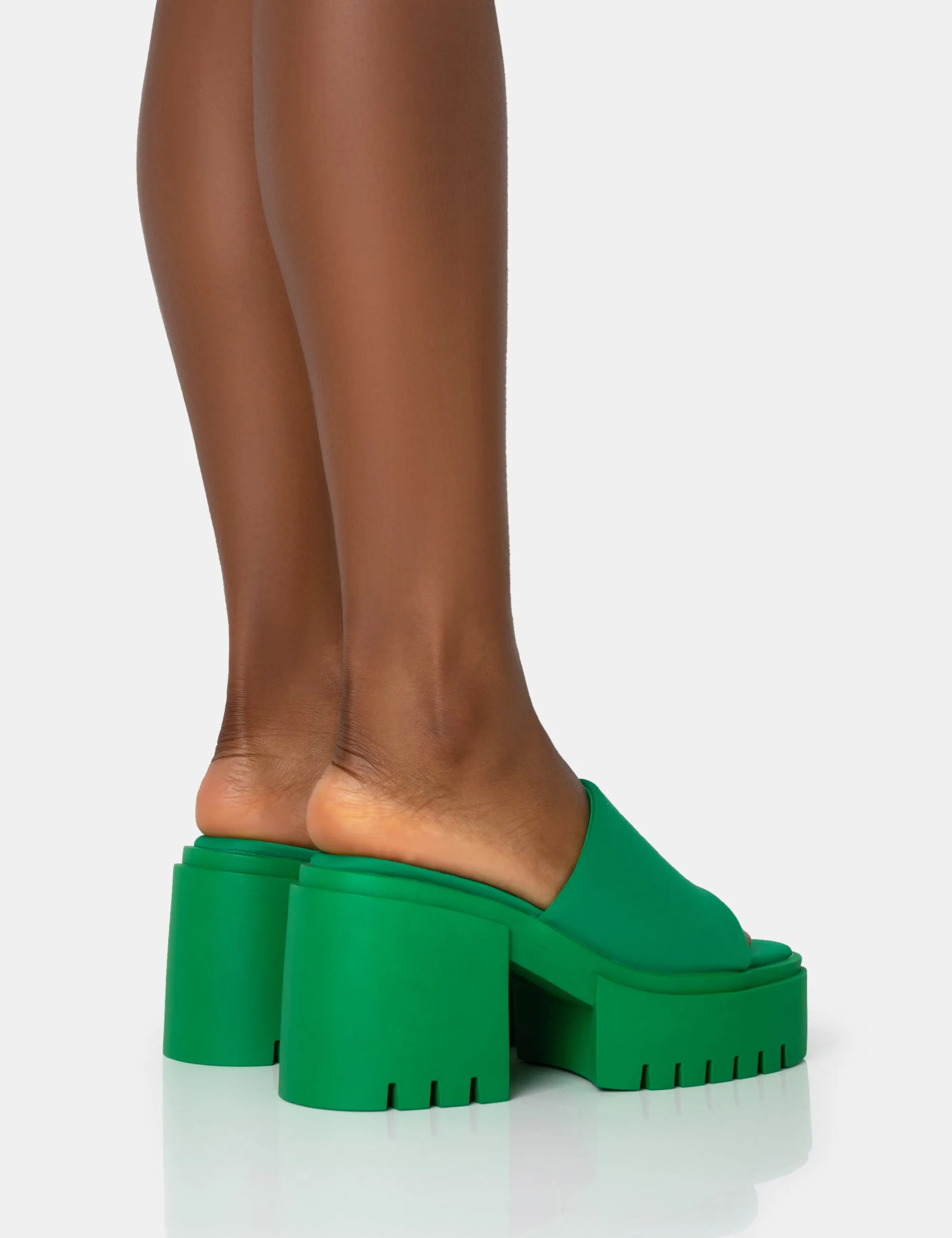 Sabeena Green Chunky Mule Round Toe Mid Heel Sandals