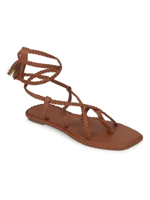 Tan PU Braided Lace Up Flat Sandals (TC-ST-1212-TAN)