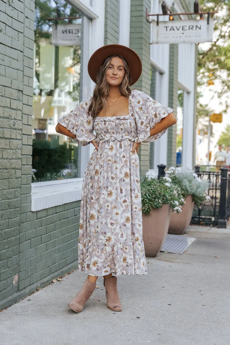 Taupe Floral Print Ruffle Sleeve Midi Dress - FINAL SALE