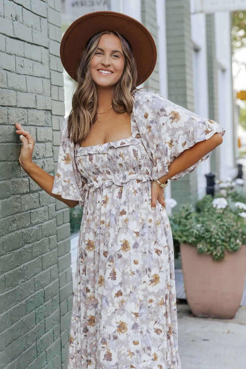 Taupe Floral Print Ruffle Sleeve Midi Dress - FINAL SALE