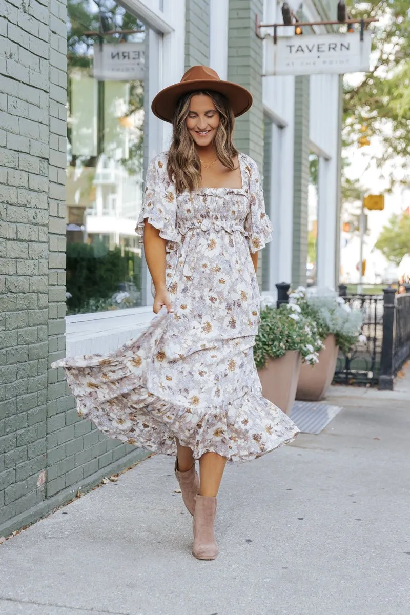 Taupe Floral Print Ruffle Sleeve Midi Dress - FINAL SALE