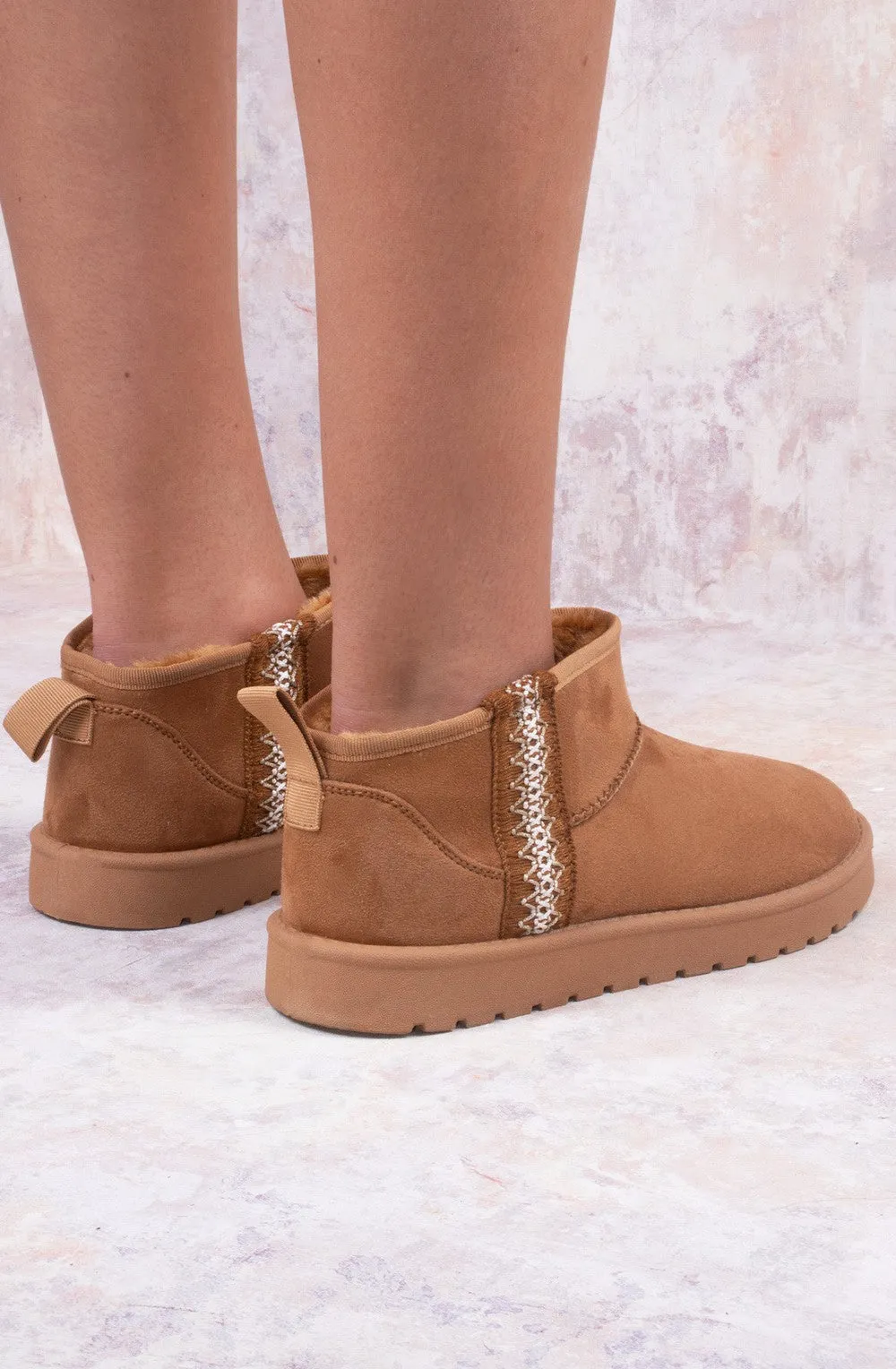 Ultra Mini Ankle Length Embroidery Faux Fur Lining Boots In Tan Suede