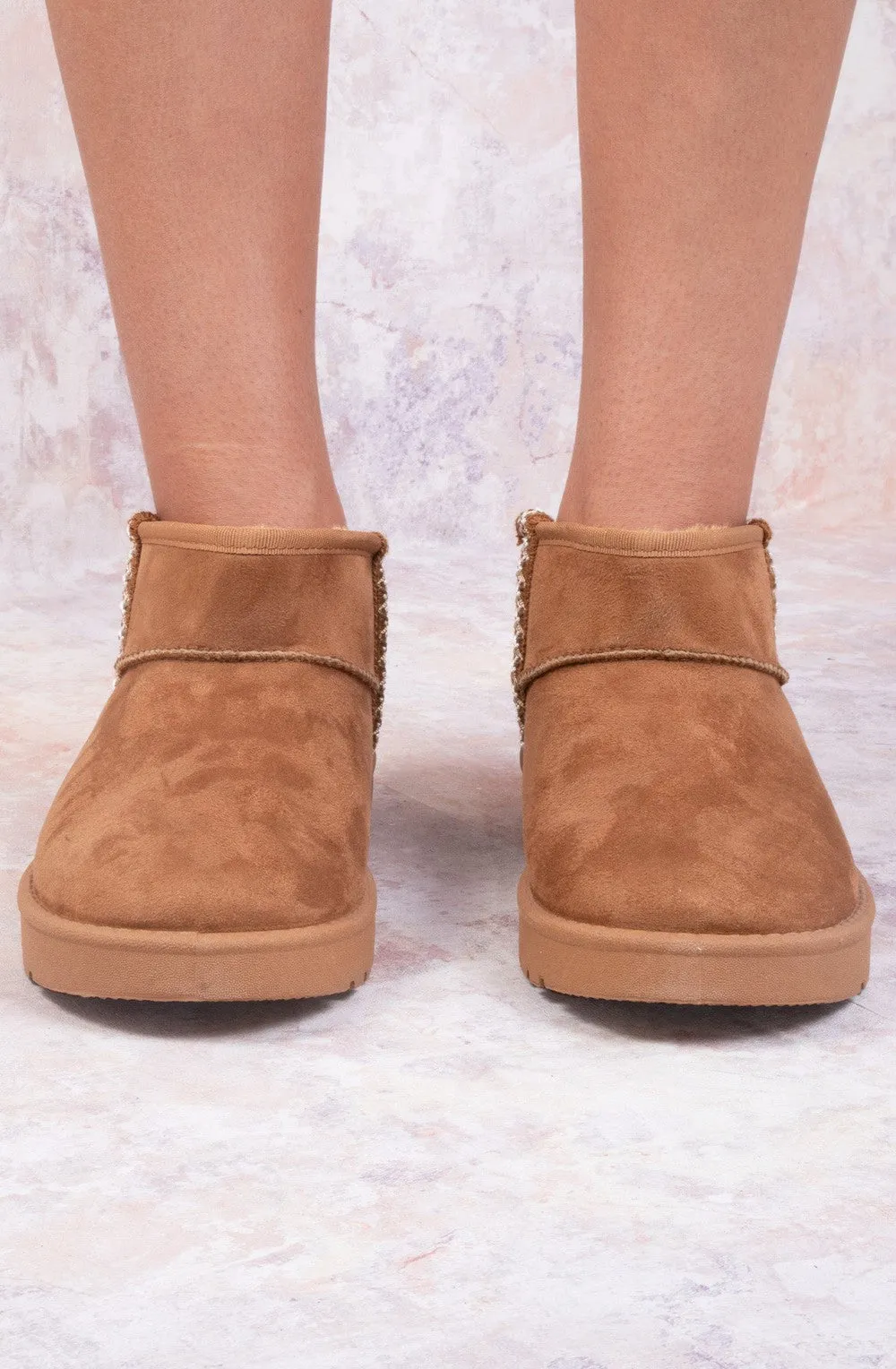 Ultra Mini Ankle Length Embroidery Faux Fur Lining Boots In Tan Suede