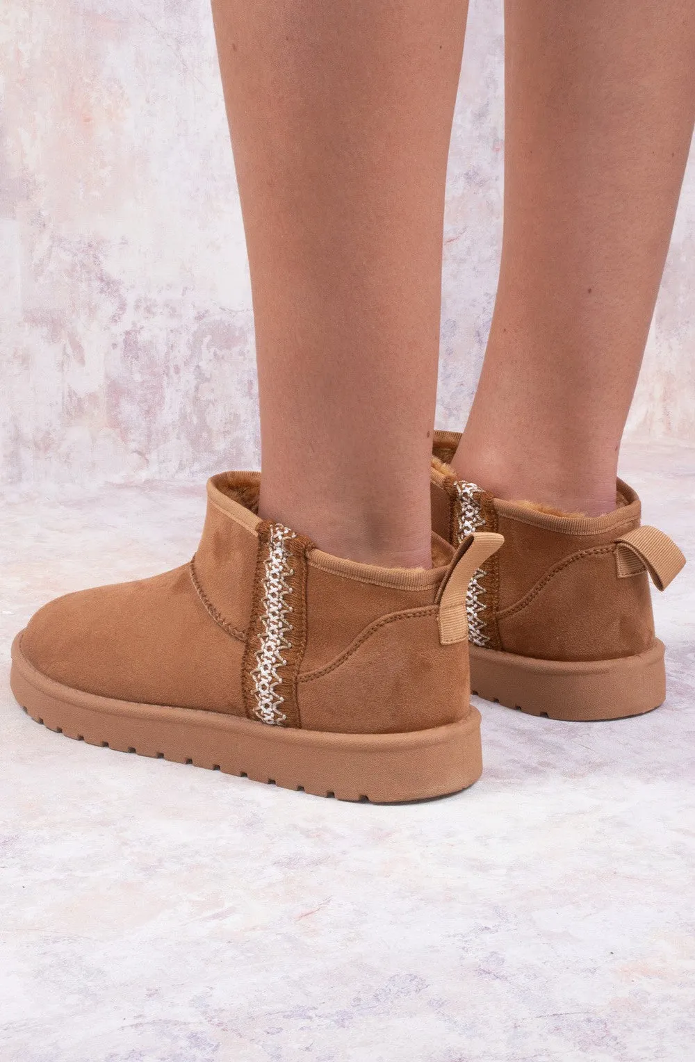 Ultra Mini Ankle Length Embroidery Faux Fur Lining Boots In Tan Suede