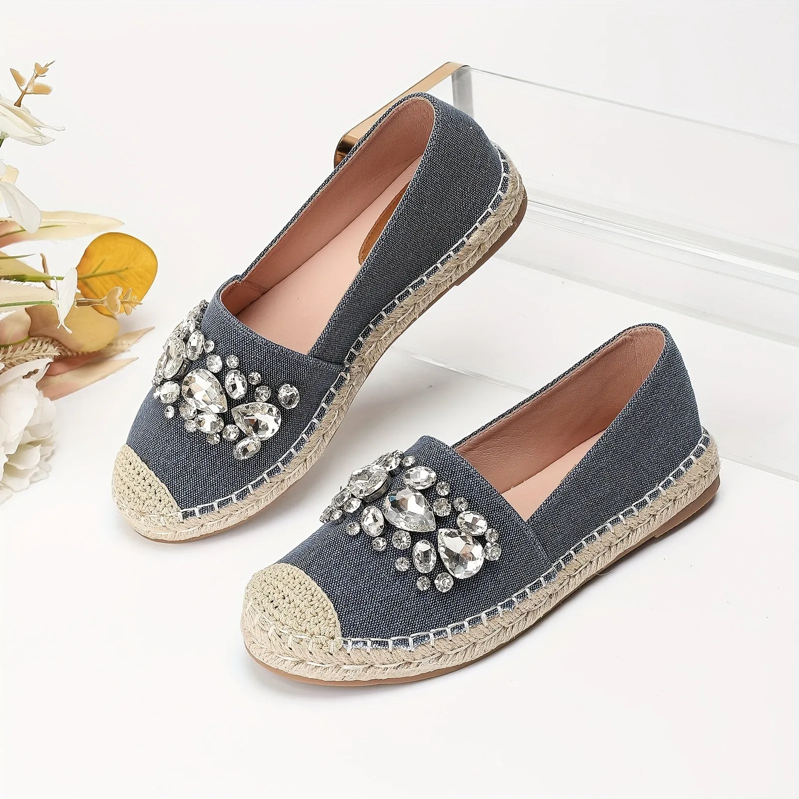 Womens Sparkling Rhinestone Denim Espadrilles - Comfortable Slip-on Loafers for Beach Vacations - Stylish Casual Fisherman Shoes, Resort Chic Style