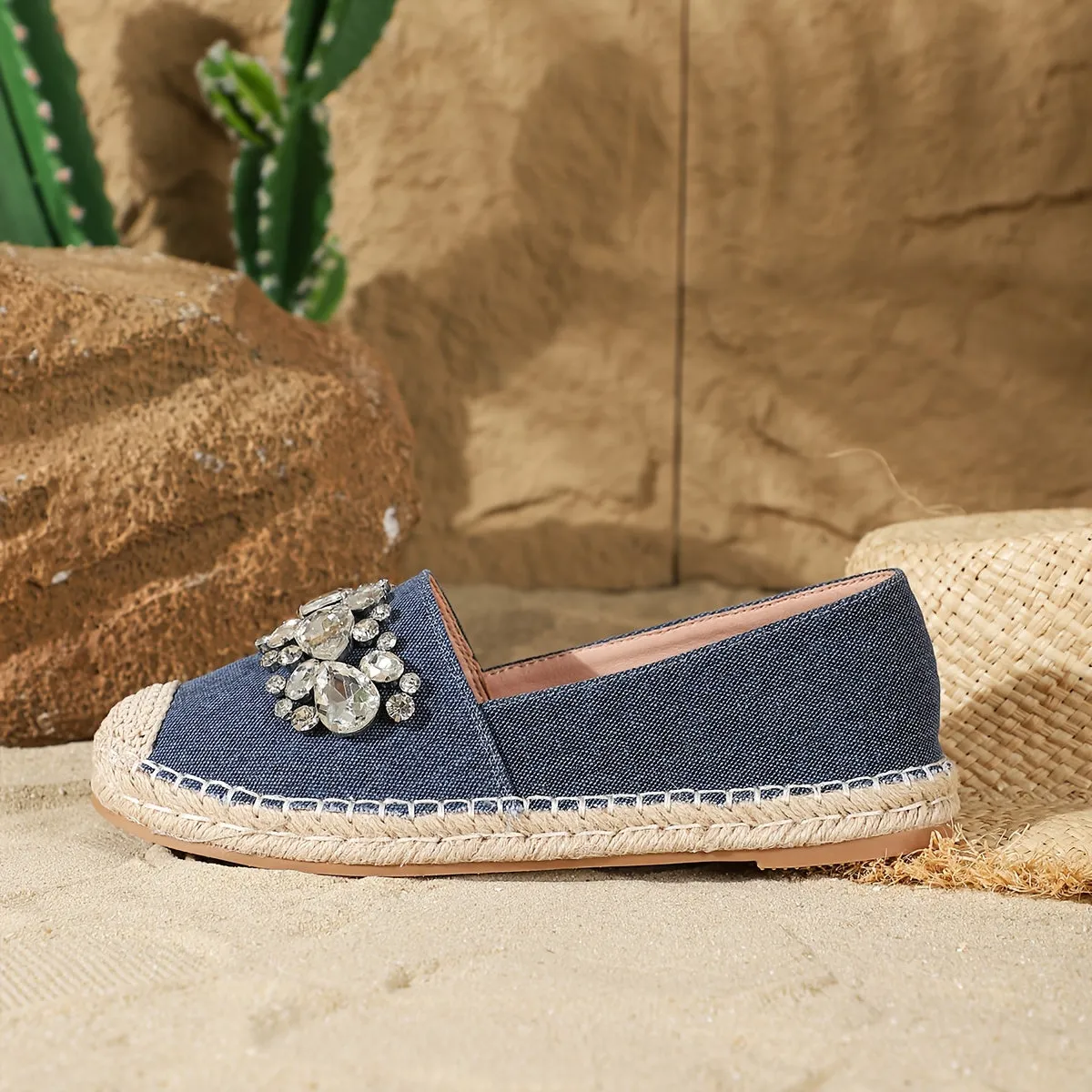 Womens Sparkling Rhinestone Denim Espadrilles - Comfortable Slip-on Loafers for Beach Vacations - Stylish Casual Fisherman Shoes, Resort Chic Style