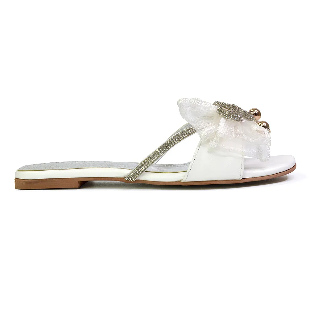 Zendaya Mesh Diamante Bow Flat Sandal Square Toe Bridal Shoes in Gold