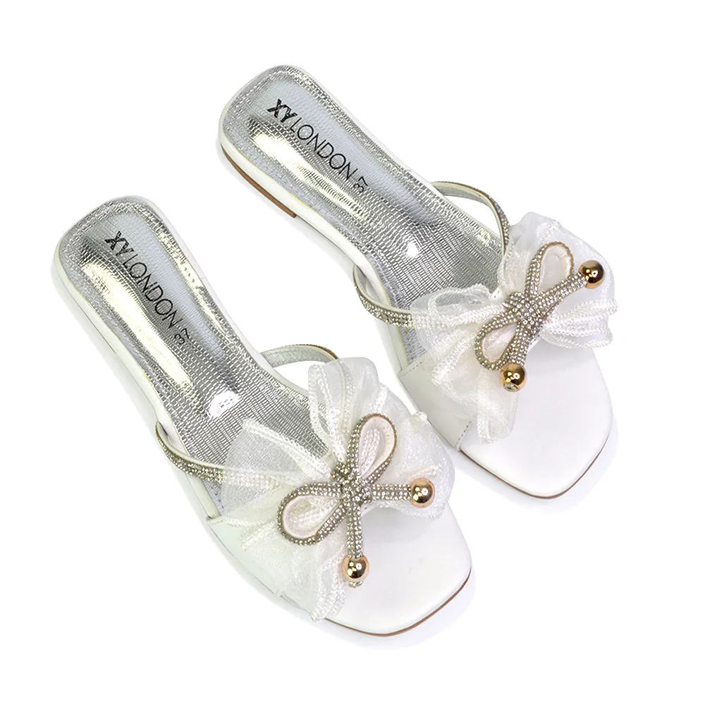 Zendaya Mesh Diamante Bow Flat Sandal Square Toe Bridal Shoes in Gold