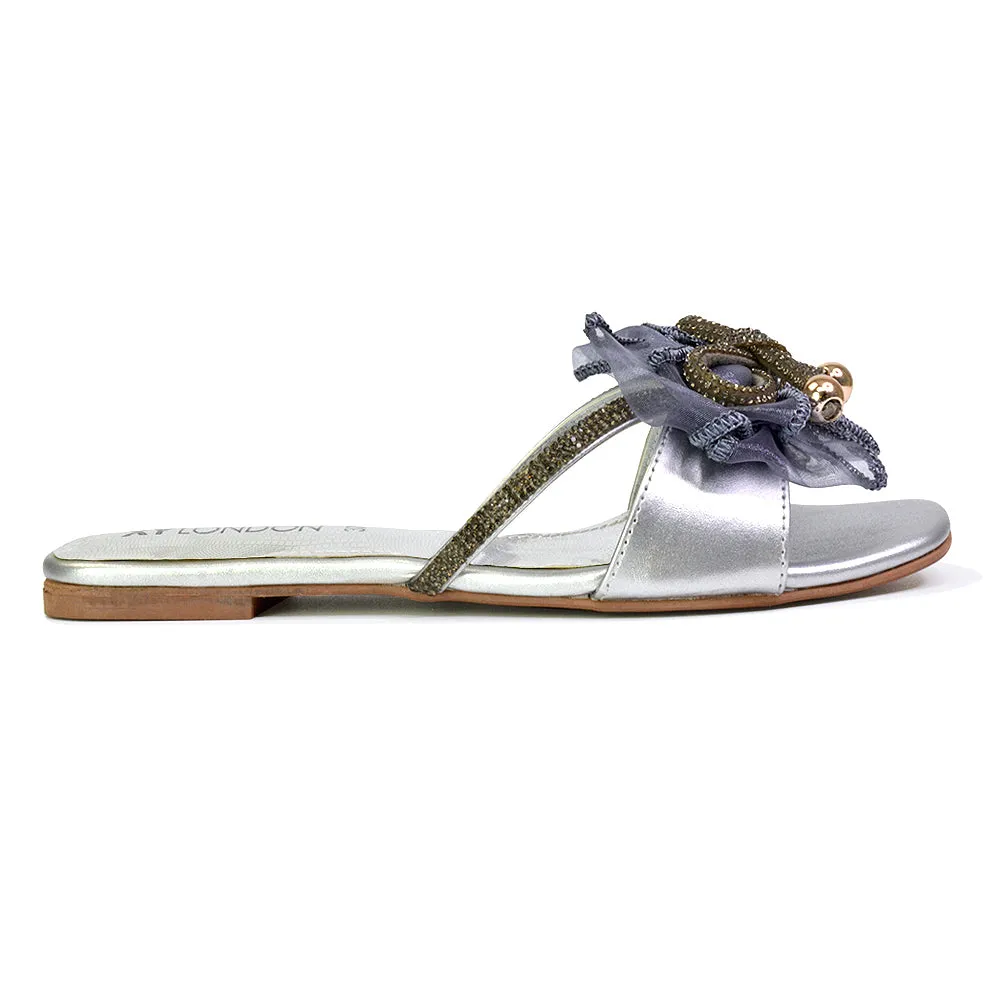 Zendaya Mesh Diamante Bow Flat Sandal Square Toe Bridal Shoes in Gold